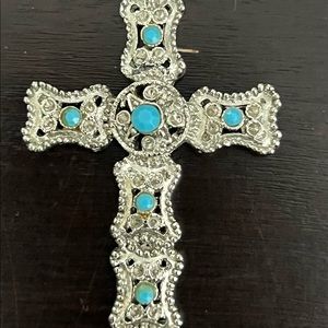 Silver turquoise looking embellishments cross pendant